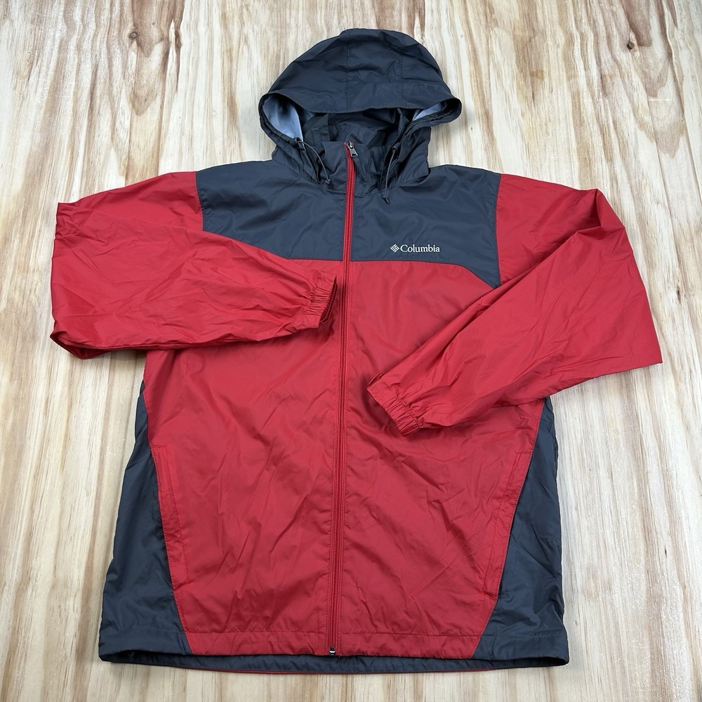 Columbia Mens M Red Gray Full Zip Hooded Water Resistant Nylon Windbreaker